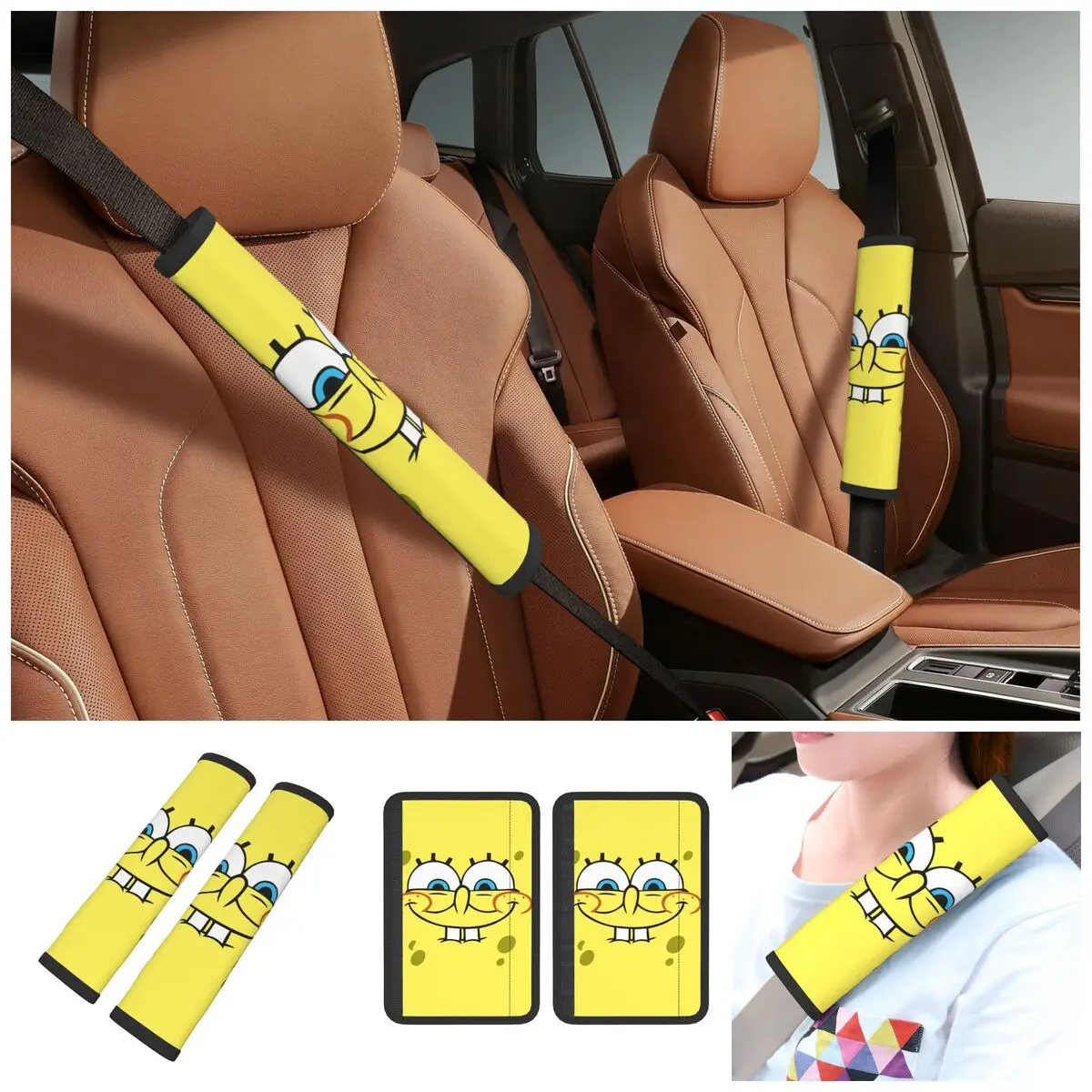 SpongeBobed Face Throw Pillow Soft Seatbelt Cover for Car Airplane Seat Belt Shoulder Pad 2 Pack Straps Neck Cushion Protector