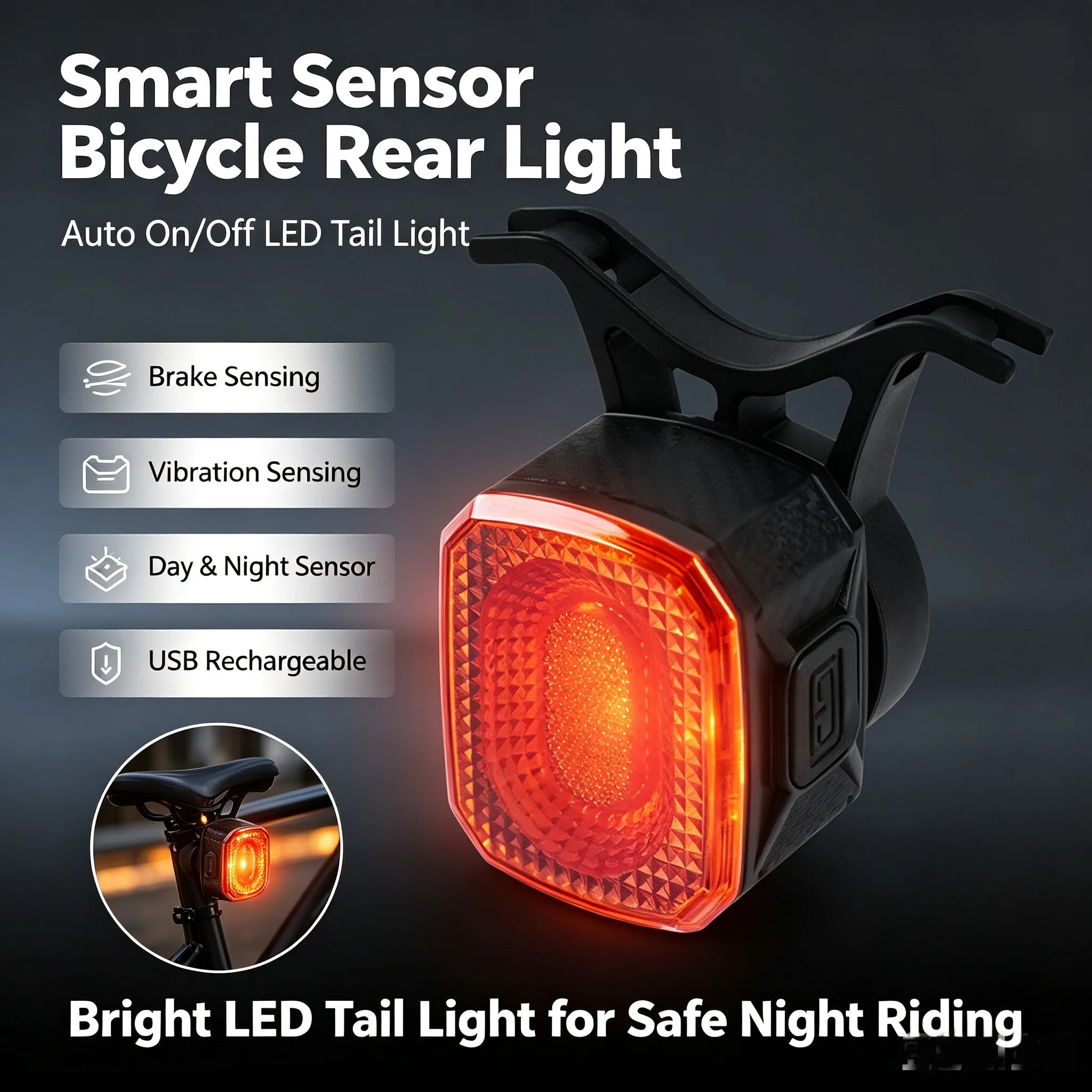 Smart Sensor Bicycle Rear Light USB Rechargeable IPX6 Waterproof Brake Sensing LED Bike Tail Light 4 Modes Night Cycling Safety