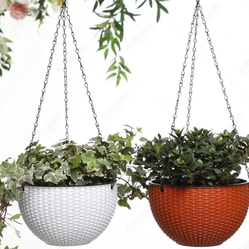 Panier suspendu en rotin imitation, pot de fleurs avec chaîne, bassin à 3 crochets, plantes hydroponiques, bassin de culture, décoration de jardin, 40 cm