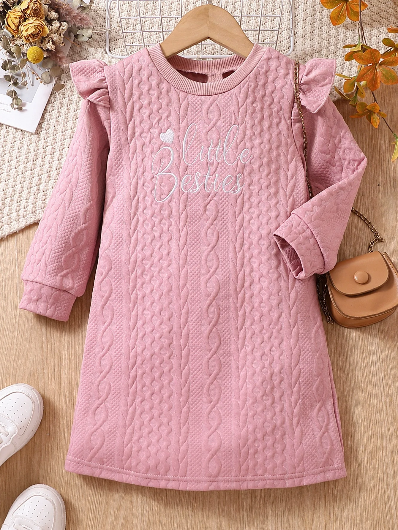 Girls' Pink Quilted Sweatshirt Dress Autumn Winter Soft Cozy New Style Gentle Cherry Blossom Pink 3D Twisted Quilted for Warmth