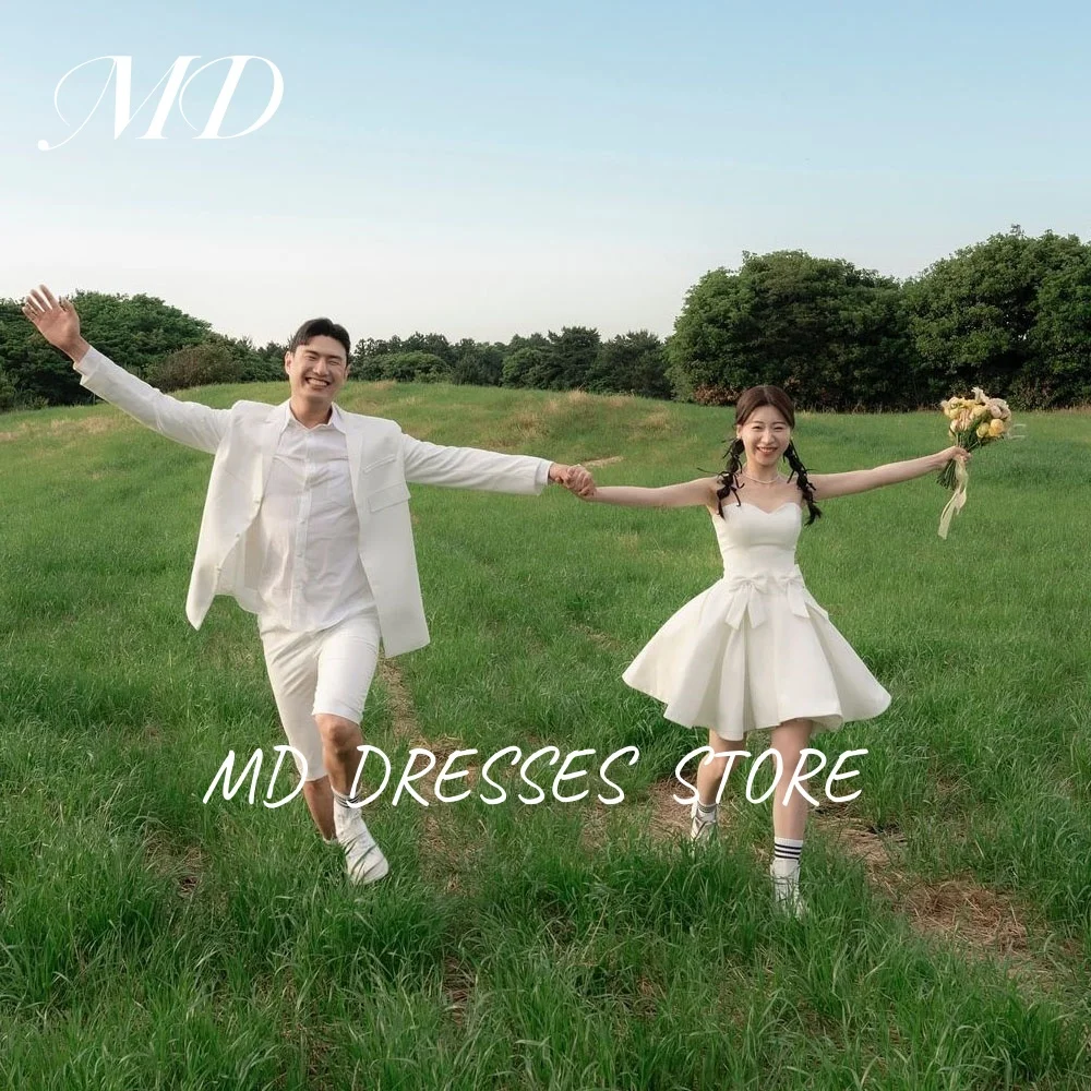 Md 2025 simlpe a linha branco vestidos de festa de casamento querida colarinho acima do joelho plissado coreia sessão de fotos vestidos de noiva personalizados