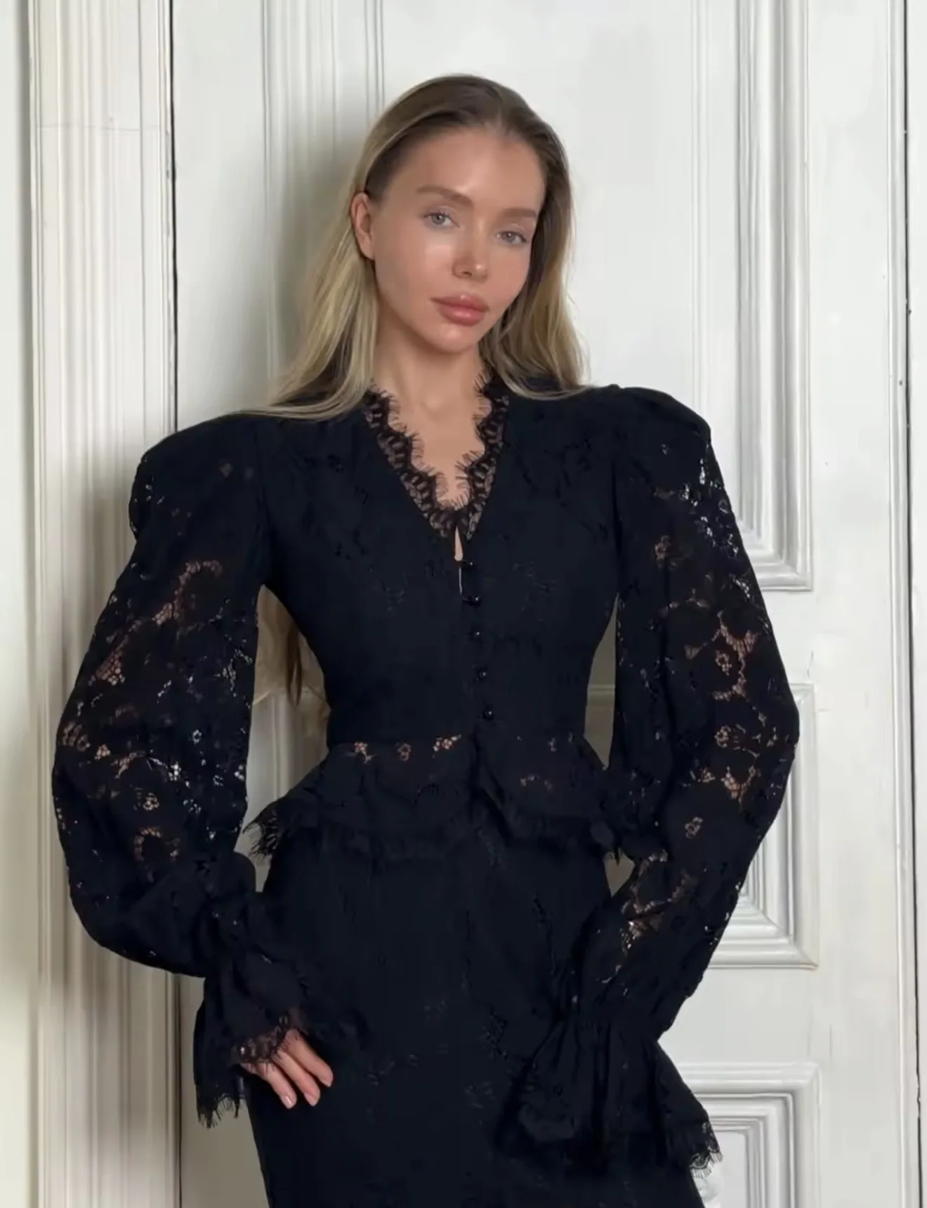 Mingmingxi Elegant White eyelash lace Lace Two Piece Set Autumn Long Sleeve Crop Top and Mermaid Skirt Women Matching Sets