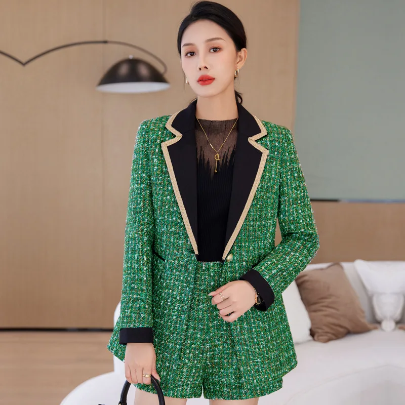 Blazer verde feminino Calças curtas, casaco formal, calças, vestido de formatura, senhora do escritório, negócios, moda de trabalho, elegante, inverno, outono