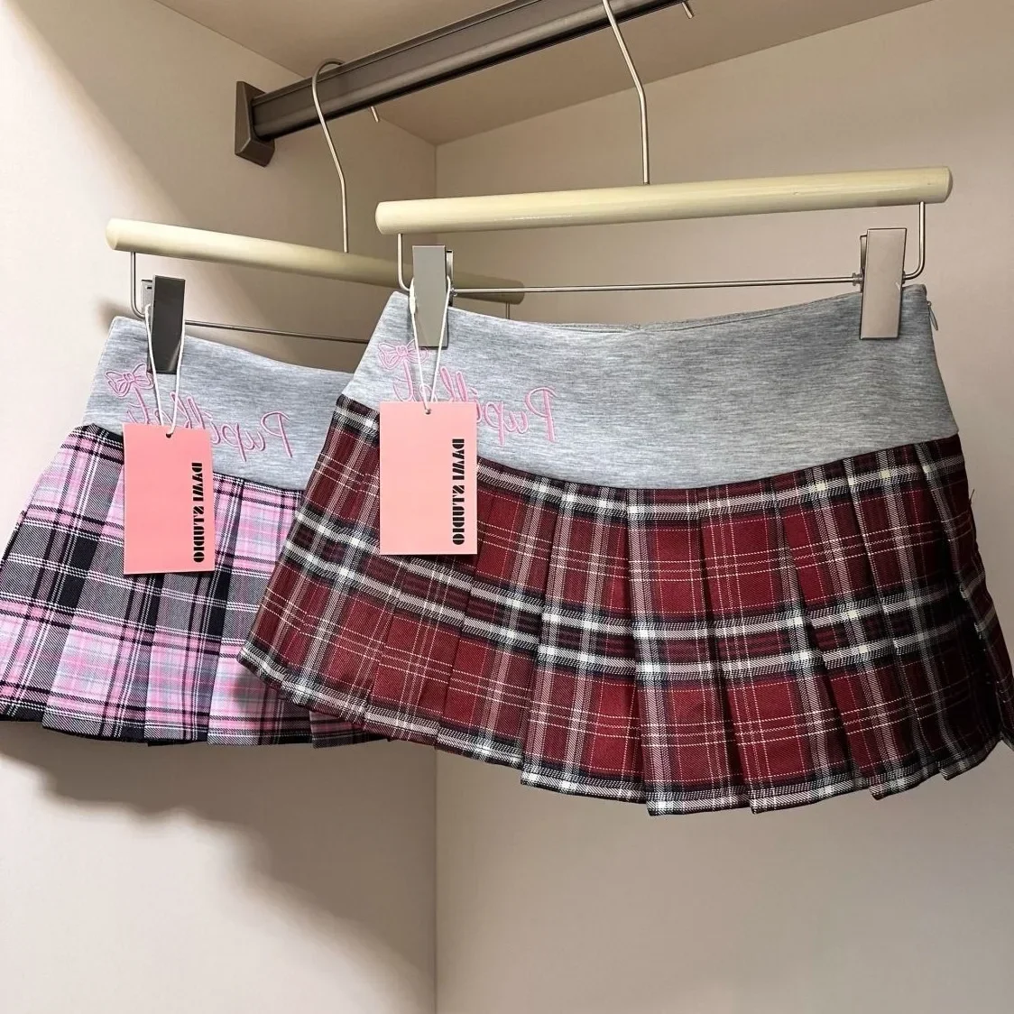 

American Retro Spicy Girl Plaid Half Skirt Women Summer New Embroidery Patchwork Fashion High Waist Pleated Short Skirt