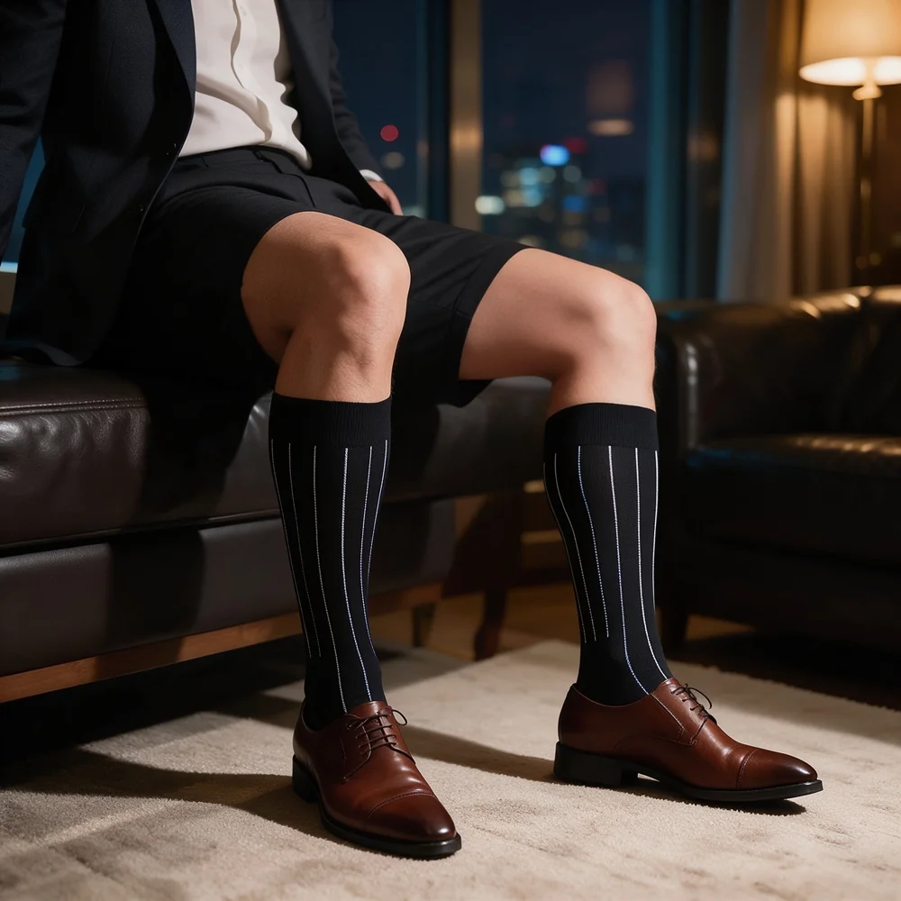 Men Black Pinstripe Dress Socks Vertical Thin Striped Mid Calf Formal Business Suit Wedding Elegant Gentleman