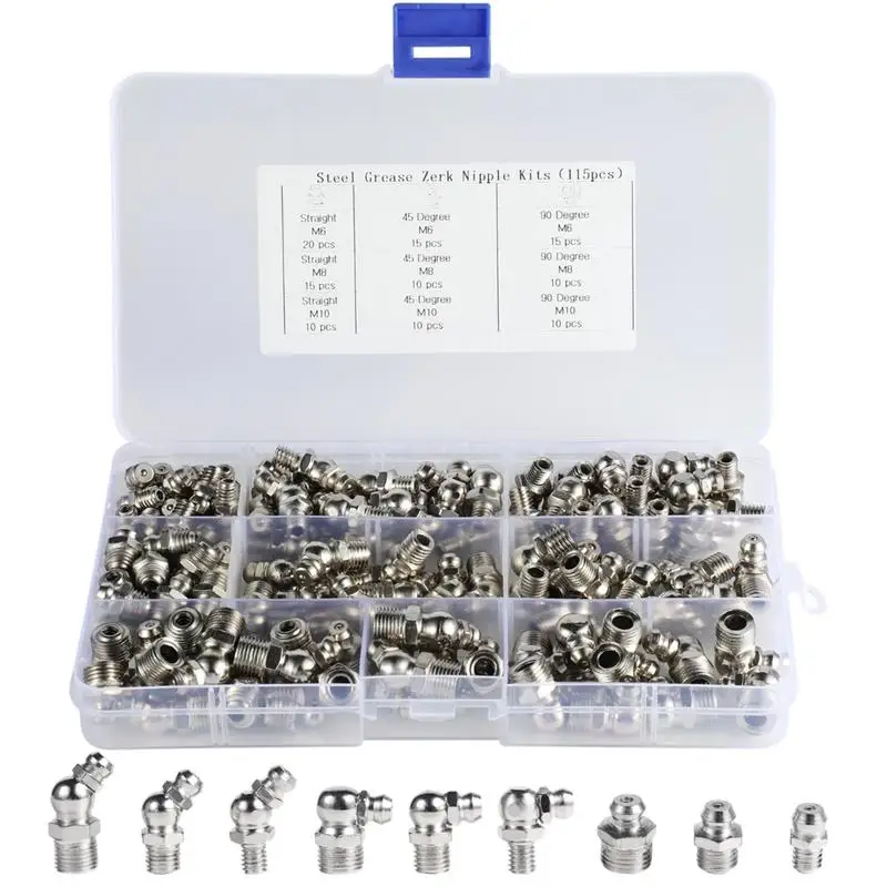 115Pcs Grease Fitting Kit Metal M6 M8 M10 Straight 45 90 Degree Zerk Assortment Grease Nipple Fittings Assortment Plated Nickel