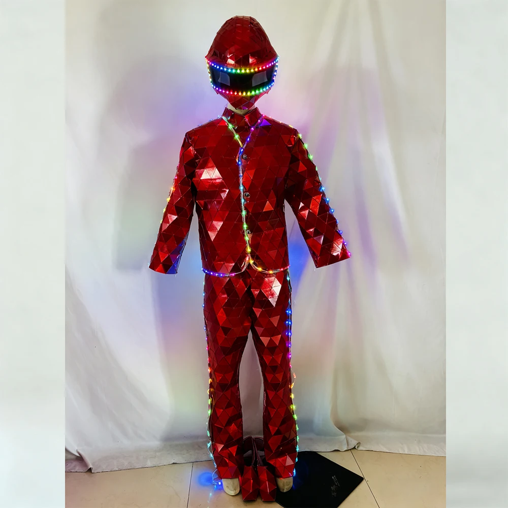 

Red Full Color LED Mirror Costume Hand Sewn Show Stage Dress Performance Mask Suit Halloween Cosplay Clothing