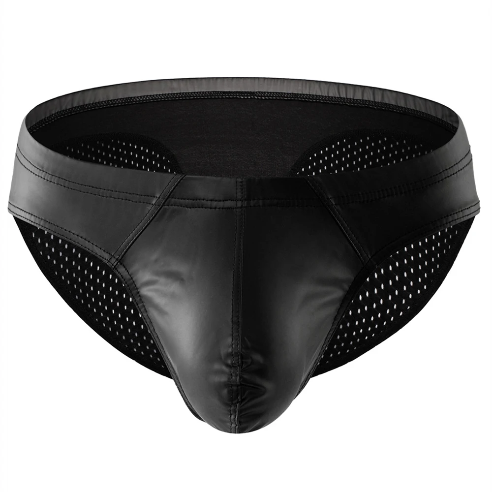 CLEVER-MENMODE Sexy Pu Leather Briefs Mesh Butt Men Underwear Panties Penis Pouch Bikini Underpants Slips Lingerie hombre