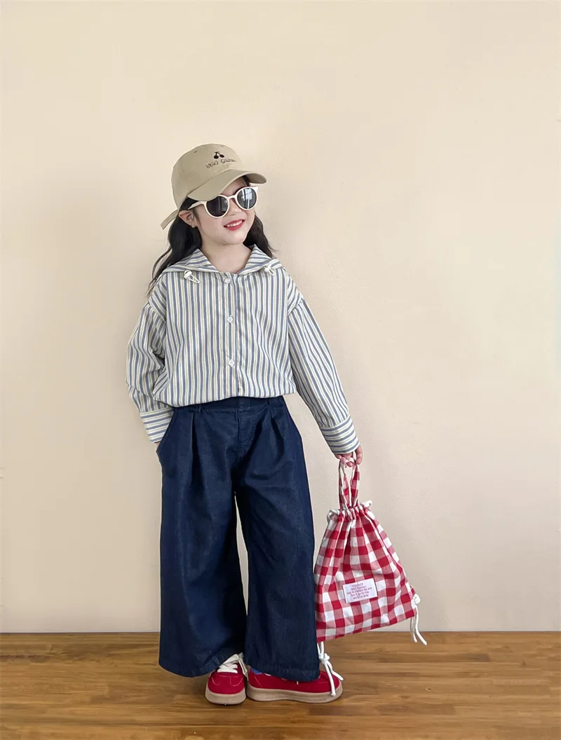 Camisa de manga larga con capucha a rayas coreanas para niñas, cubierta de pantalones vaqueros suaves de pierna ancha recta de cintura alta, primavera y otoño