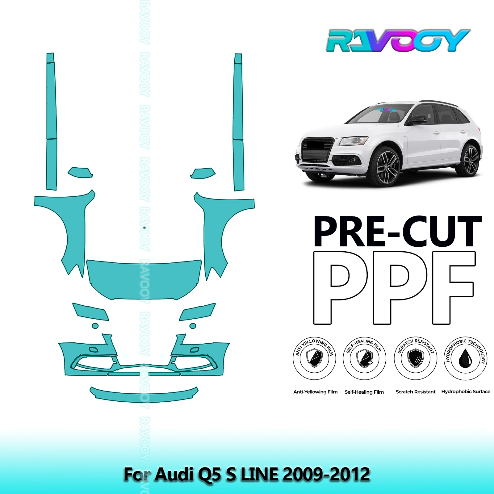RAVOOY Custom-Fit Precut TPU PPF Front Kit+Rockers Clear Bra Stone Guard EU UK For Audi Q5 S LINE 2009-2012