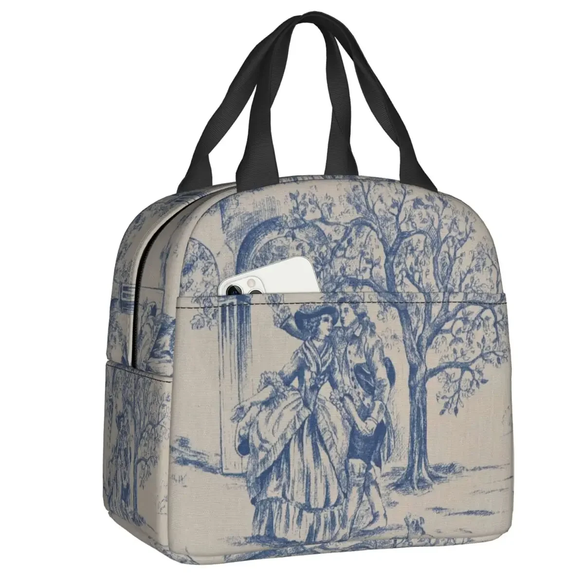 French Toile De Jouy Navy Blue Motif Pattern Thermal Insulated Lunch Bag Lunch Container for Outdoor Picnic Storage Food Box