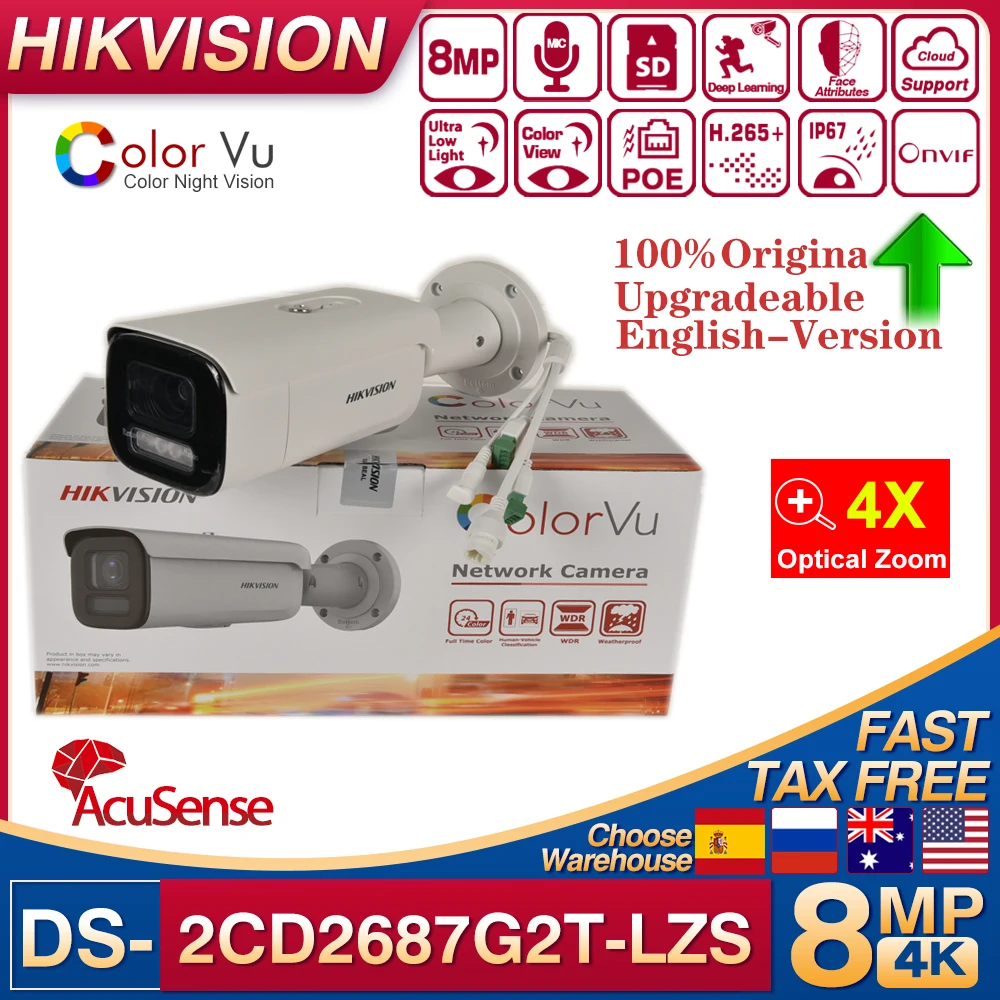 Original Hikvision 8MP 4K DS-2CD2687G2T-LZS ColorVu AcuSense 4X ZOOM Motorized Varifocal SD Slot POE Alarm I/O CCTV IP Camera