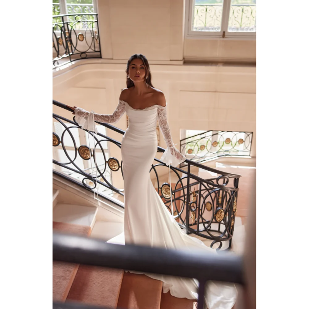 Robe de mariée sirène personnalisée, épaules dénudées, dentelle, manches longues, robes de mariée simples, fermeture éclair au dos, traîne de balayage, 2025
