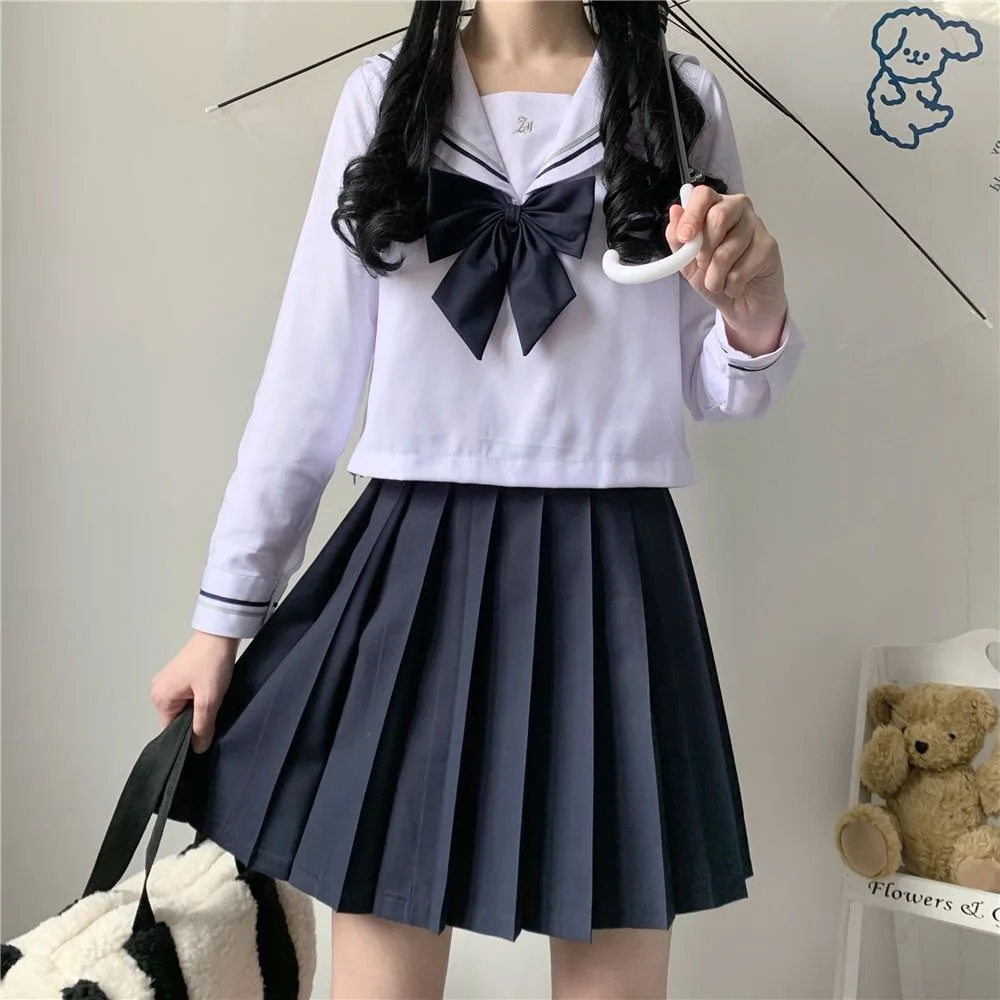Japanische Schulmädchen JK Rockanzug Weißer Basic-Stil College-Stil Matrosenanzug Schleifenfaltenrock Oberschüleruniform – Detail 7