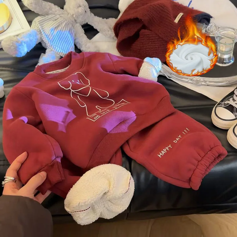 

Boys Plus Velvet Sets Girls Thickened Winter Warm Suit Children Sweatshirt+Pants 2Pcs Outfits New Kids Autumn Casual Clothes