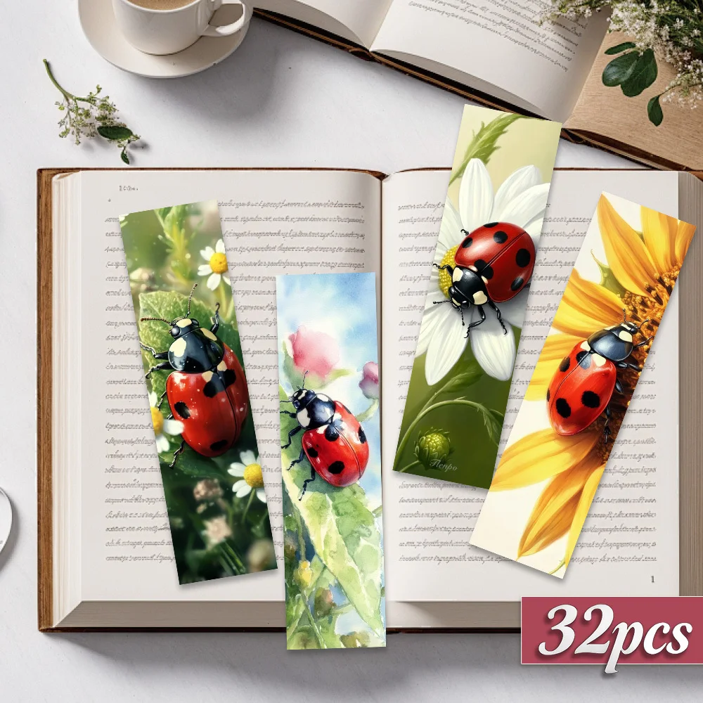 32pcs, Seven-spotted Ladybug Theme Bookmarks, Christmas, Teacher Gift, Back-To-School Holiday Gifts, Creative Artistic Designs