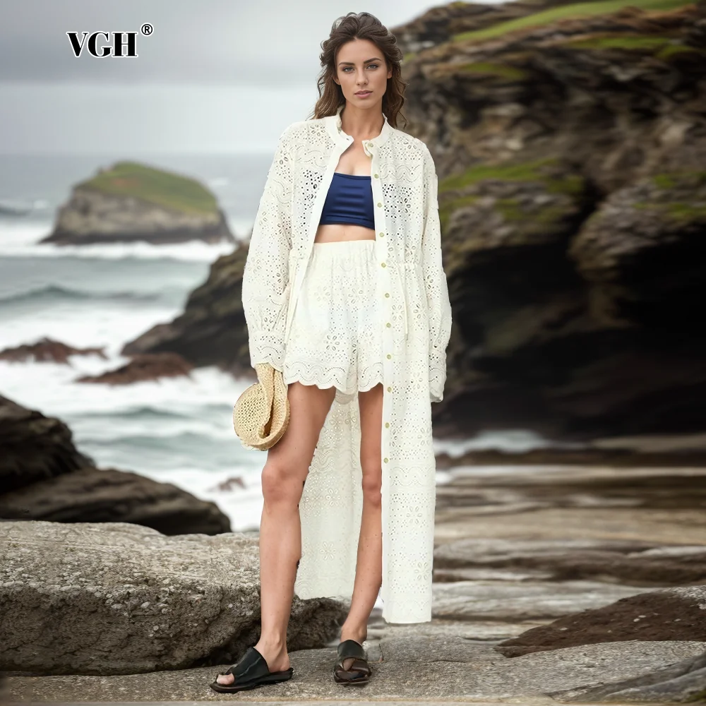 

VGH Hollow Out Solid Two Piece Set For Women Lapel Long Sleeve Spliced Single Breasted Coat High Waist Shorts Casual Sets Female