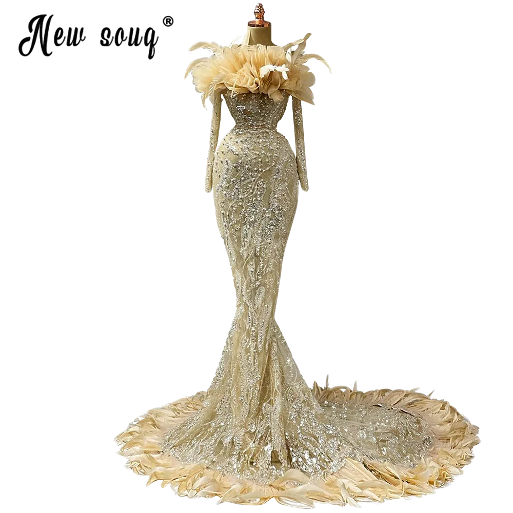 Aso Ebi Luxury Feather ชุดราตรีอย่างเป็นทางการ Full Beaded แขนยาวปาร์ตี้ชุดราตรี Vestido De Novia ชุดแต่งงานที่กำหนดเอง made