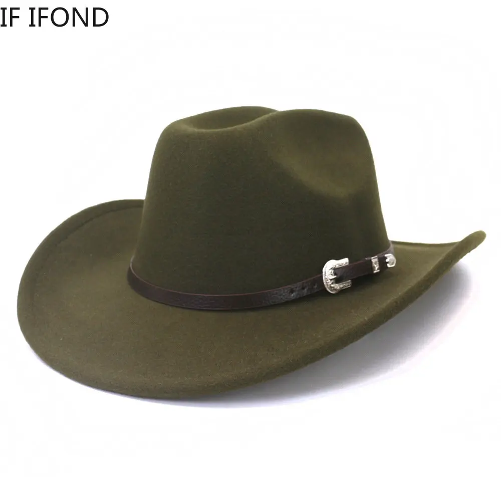 New Vintage Men Western Cowboy Hat With Belt Winter Autumn Roll Up Brim Cowgirl Jazz Church Cap Sombrero Hombre