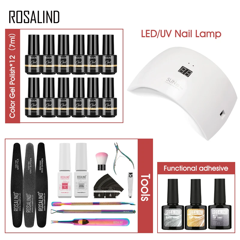 ROSALIND Nail Gel Set Classic Nail Art  Polish UV Gel Semi Permanent Varnishes Soak Off Base Top Coat Nail Gel Kits