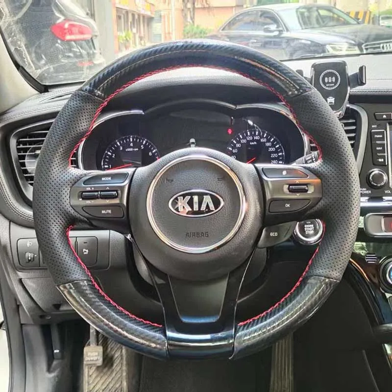100% Fit For Kia K5 Optima 2014 2015 Hand-stitched carbon fiber red Genuine leather non-slip car steering wheel cover
