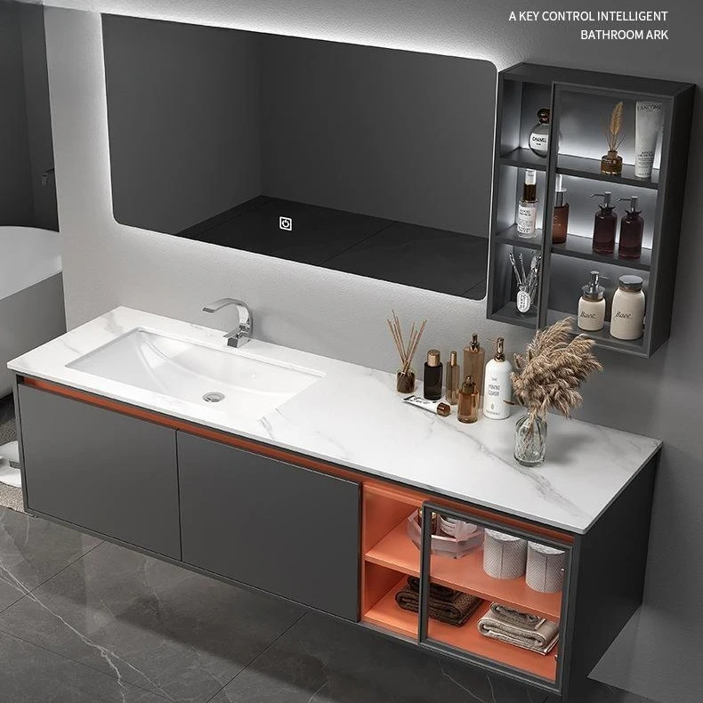 

Bathroom cabinet combination Intelligent induction toilet Light luxury washstand Wall-mounted rock slab Hand washbasin cabinet c