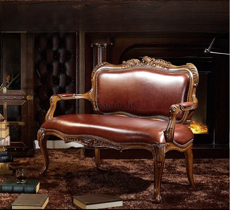 

pg45American solid wood retro old carved living room double sofa European light luxury