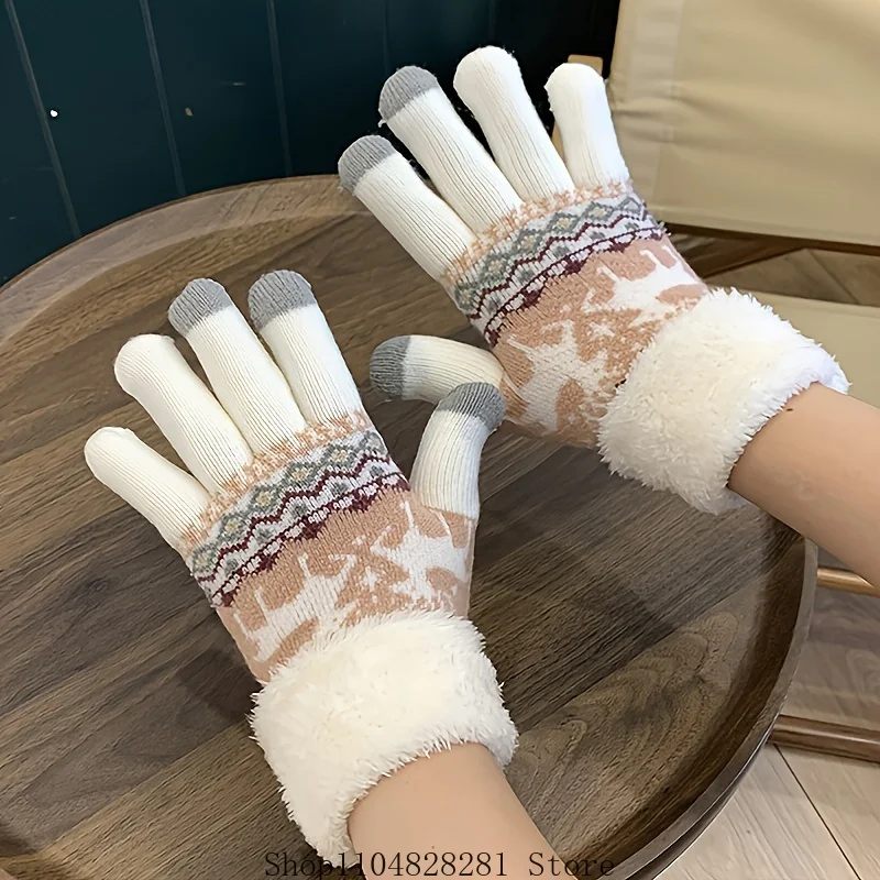 2025 Christmas Reindeer Jacquard Knit Gloves Plush Cuff Thick Warm Gloves Autumn Winter Soft Coldproof Touchscreen Gloves