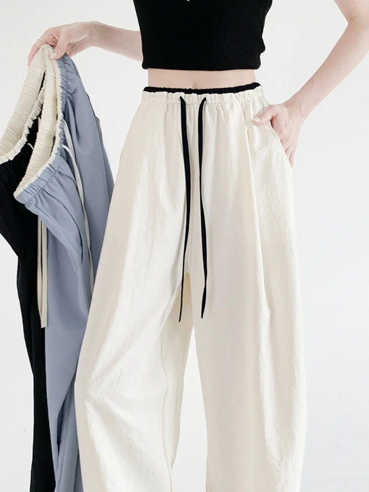 Pantaloni sportivi bianchi a gamba larga Pantaloni casual dritti in seta di ghiaccio con trama allentata autunnale sottile da donna Vita alta Colore Blo Casual Tr...