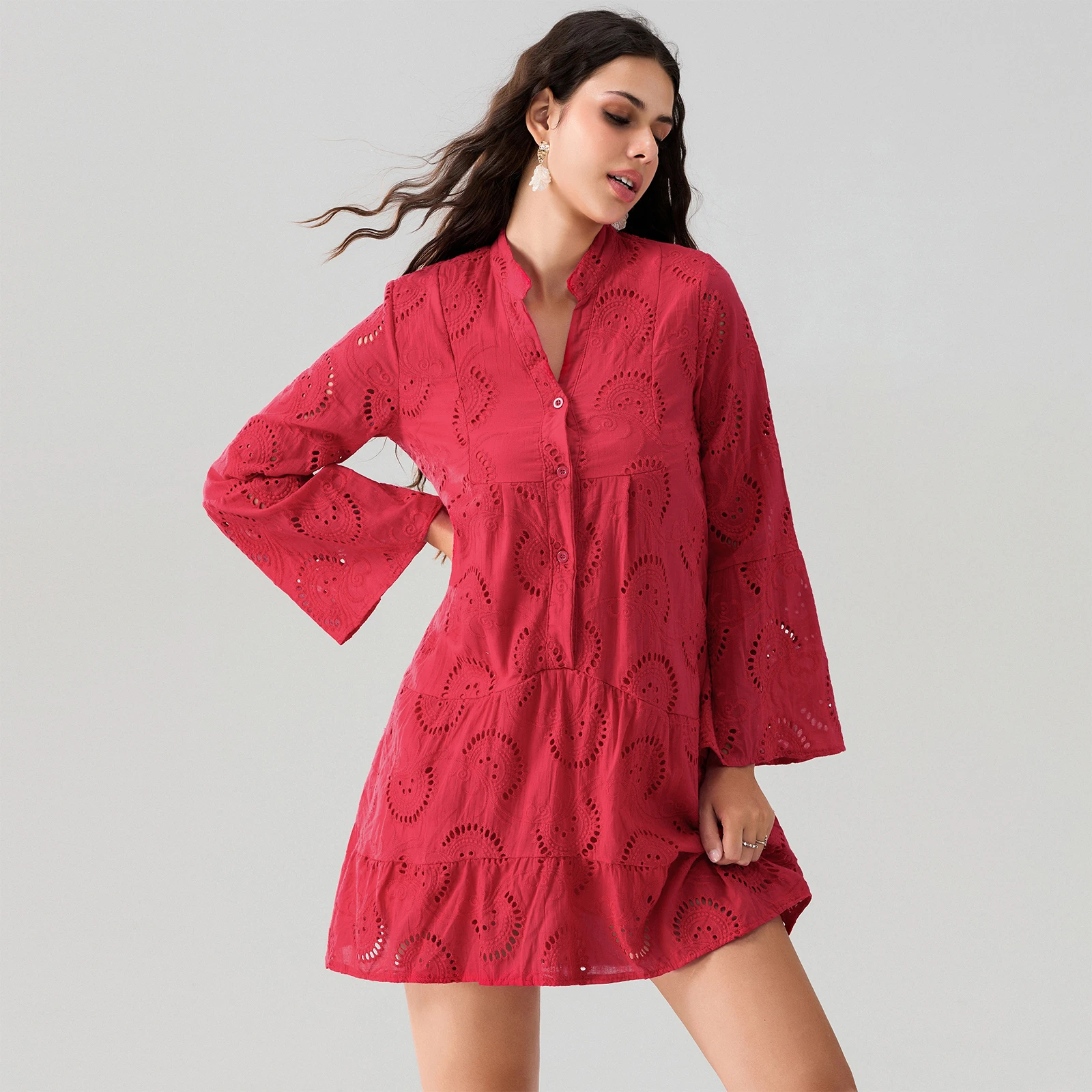 Robe Chemise en Dentelle Brodée pour Femme, Couleur Unie, Manches sulf, lèvent sur le Devant, Col en V, Ligne A, Automne