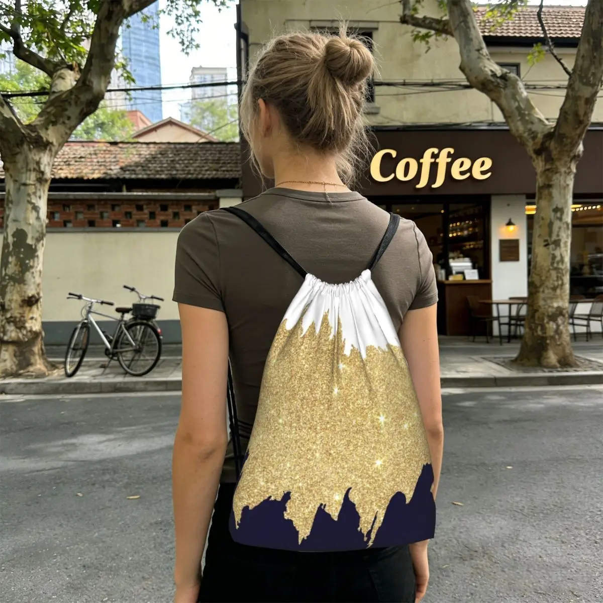 Black And Gold Glitter Pattern Backpacks Multi-function Drawstring Bags Sundries Bag Book Bags for Man Woman Students
