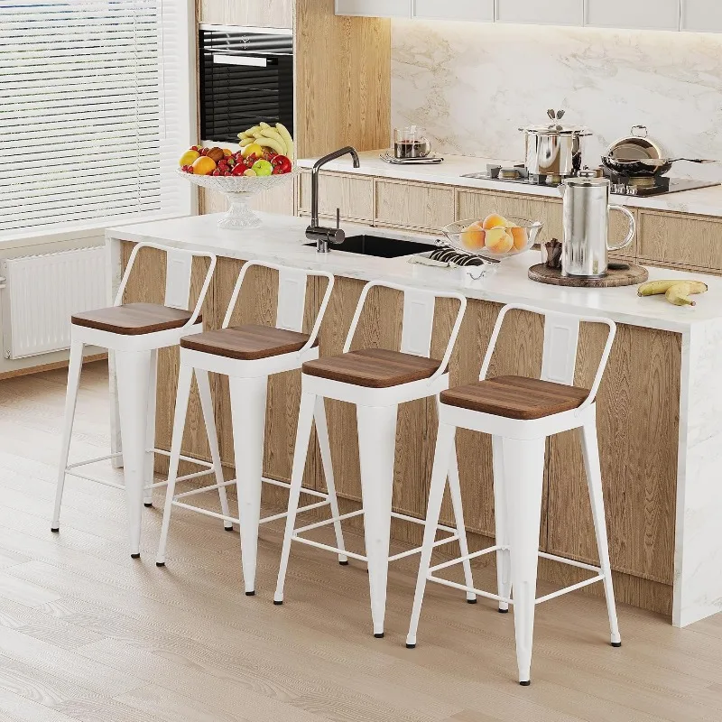 Bar Stools Set of 4 Metal Bar Stool Counter Height Bar Stools White, Modern Chairs with Back and Wooden Seat 30"