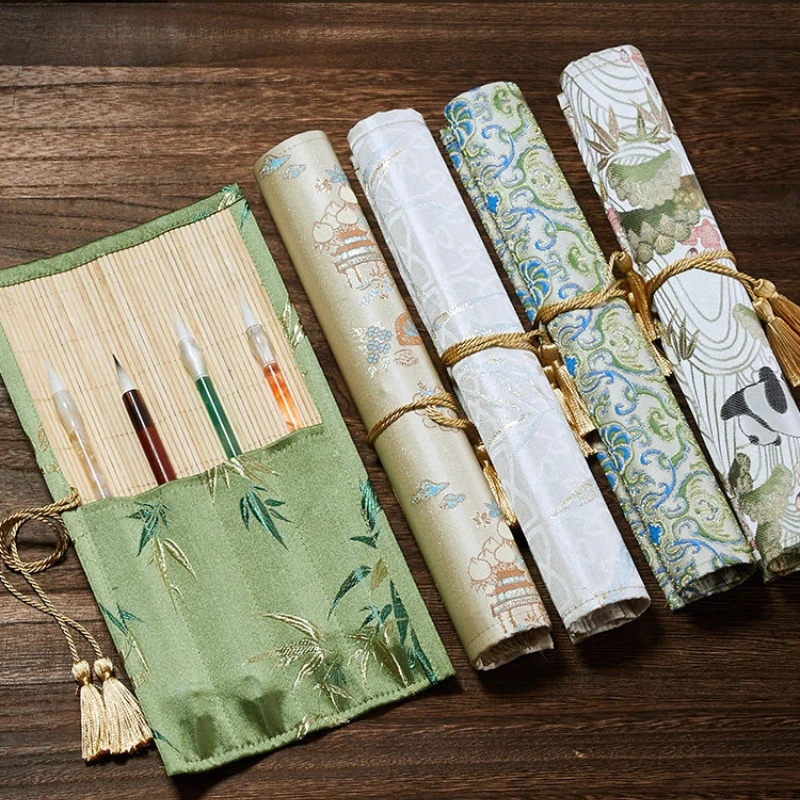 Vintage Handmade Fabric Brush Roll Portable Bamboo Pen Protector Student Chinese Calligraphy Ink Drawing Brush Storage Pouch