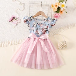 Casual Splicing Flower Graphic Ruffle Trim Tutu Dress Girls Comfy Dresses Birthday Wedding Party Gift 3-8Y
