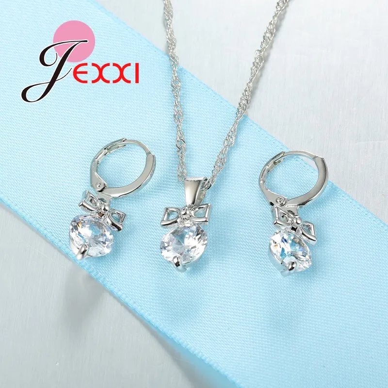 Ladies Favorite Sweet Bowknot Pendant Necklace Earrings Set Fashion Women 925 Sterling Silver Jewelry Set Crystal Chain Choker