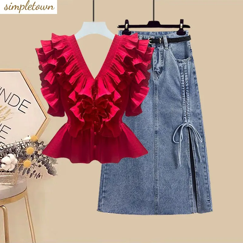 Large Women's Spring/Summer Set 2024 New Fashionable Versatile Top with Waist Wrapping and Slimming Denim Skirt Two-piece Set