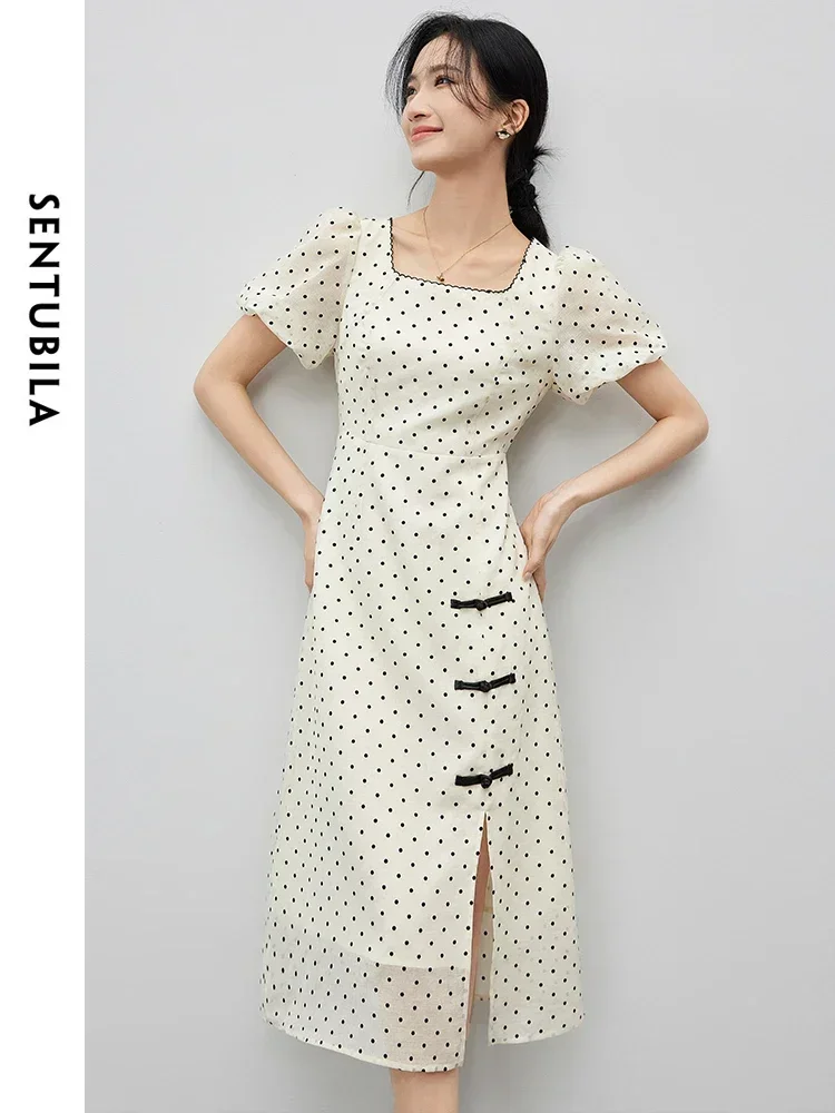 

SENTUBILA Women Flocking Polka Dot Summer Dresses Female 2024 Vintage Square Collar Split Midi Dress Woman Clothes 142L55044