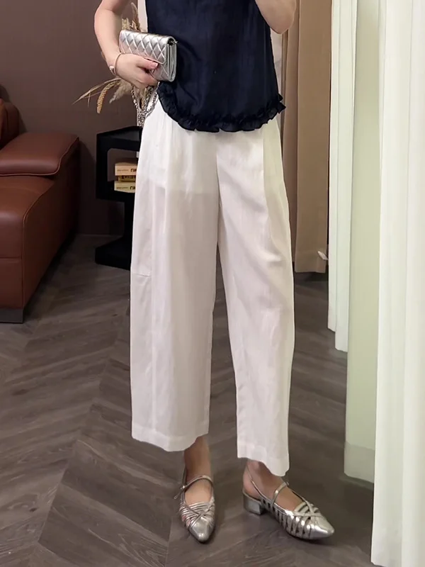 Ladies Summer Thin Cotton Linen Wide Leg Pants Breathable Slimming Nine Point Straight Casual Trousers High Waist Commute Style