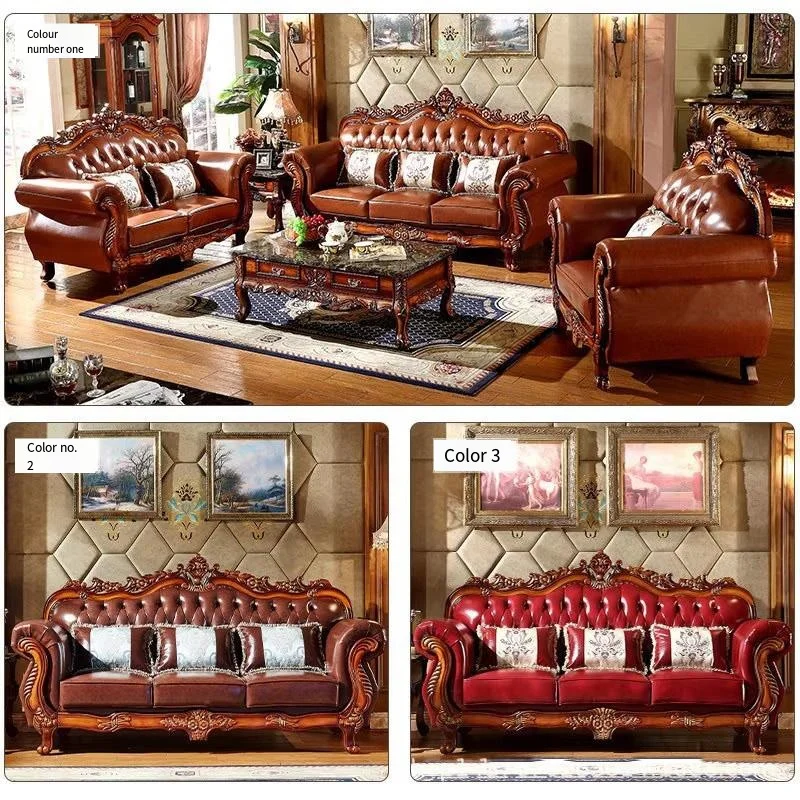 European-style First Layer Genuine Leather Sofa Combination Living Room Complete 123 American-sized Luxury  Carving Sofa ng28