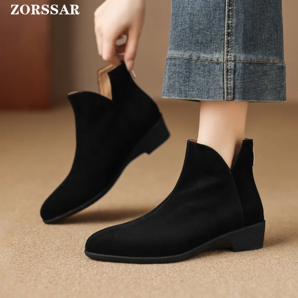 

2025 Winter Classic Chelsea Boots for Woman Kid Suede Pointed Toe Wedge Heel Ankle Boots Simple Comfortable Cowboy Boots Female