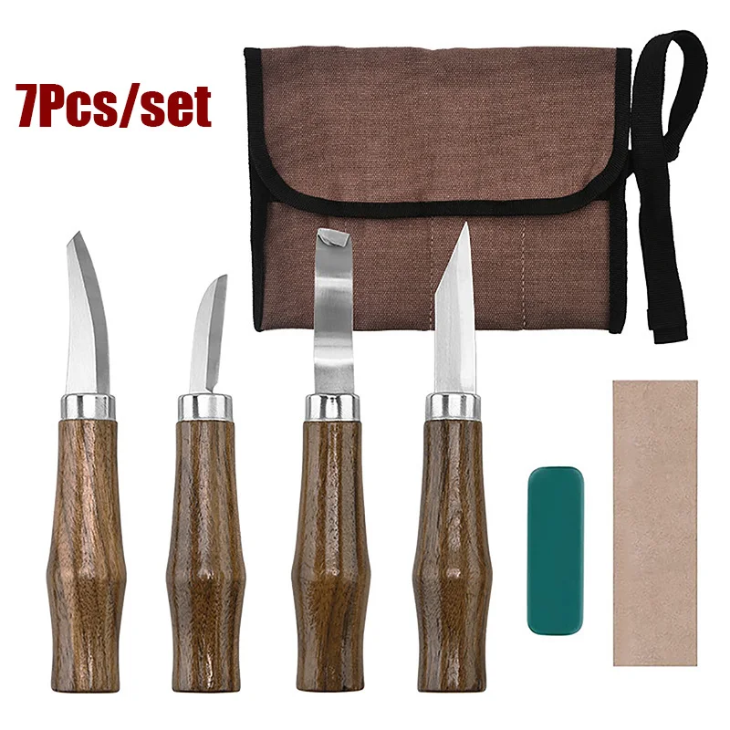 

7Pcs/ Hand Tools Woodworking Carving Set Round Handle Walnut Carving Knives Tools Wood Chipping Knives Wood Scraping Knives Tool