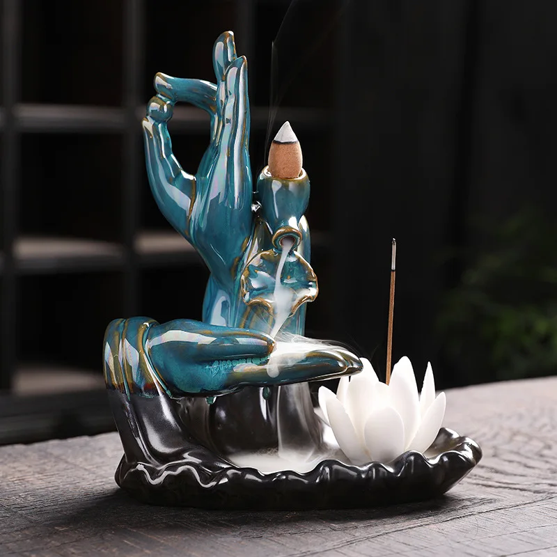 Zen Buddha Hand Ceramic Waterfall Backflow Incense Stick Holder Home Decor Censer