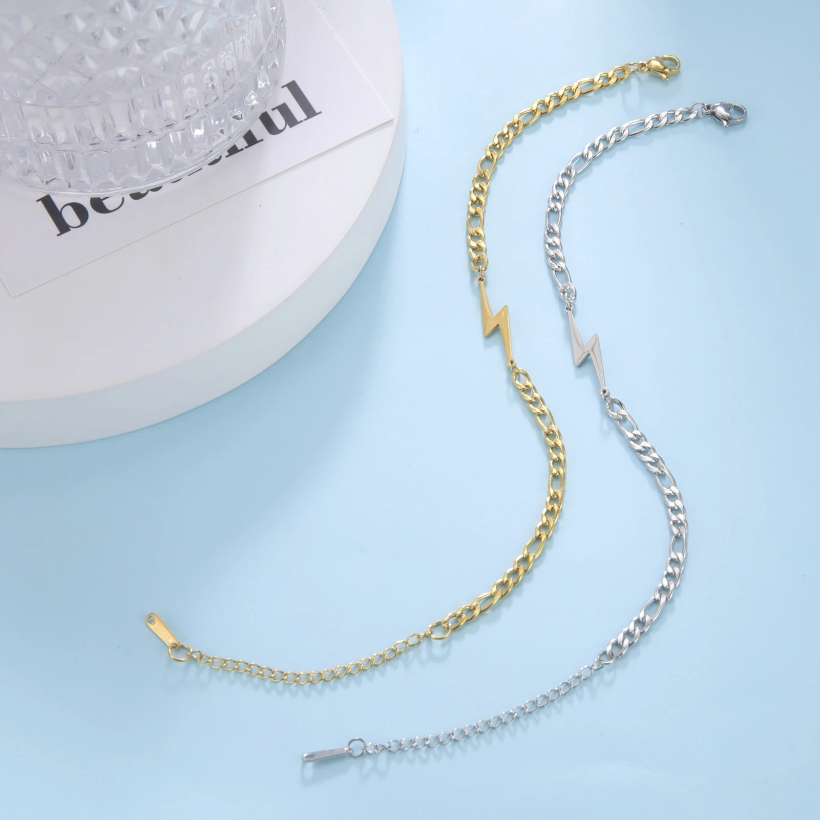 Lightning Pendant Bracelet Stainless Steel Figaro Chain Bracelet for Women Men Fashion Charm Jewelry for Couple Party Gift