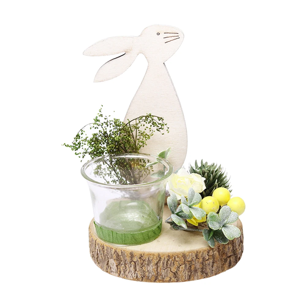 

1pc Wooden Rabbit Holder Nordic Glass Cup Candlestick Easter Desktop Decoration Simulated Plants Design Home Fragrance