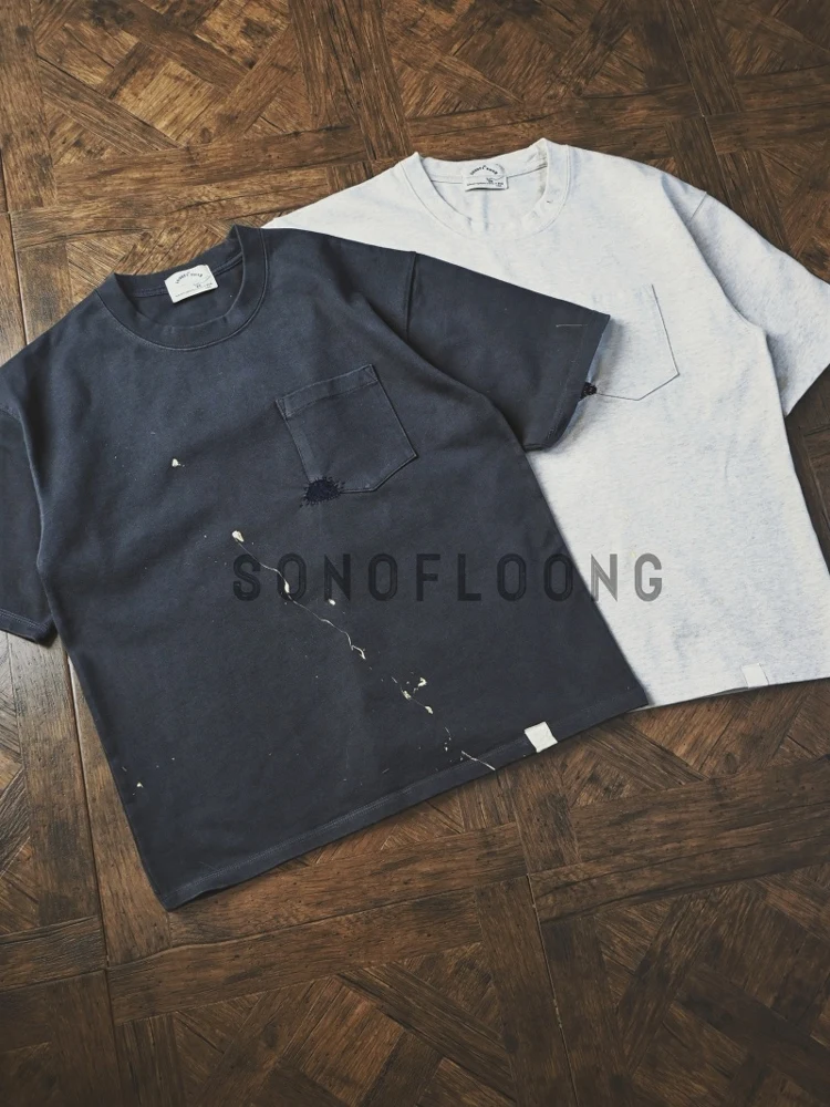 

Heavy retro wash do old patch short sleeve splash ink half sleeve pocket tTee American thorn