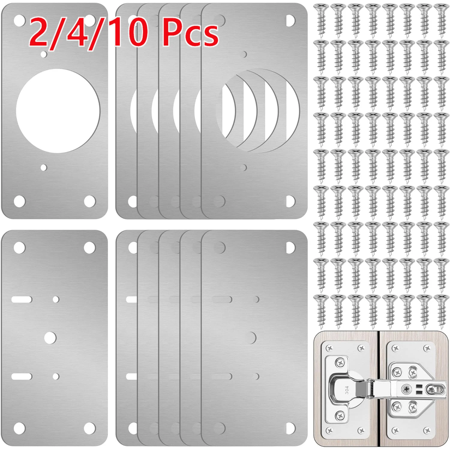 2/4/10-Piece Cabinet Door Hinge Repair Plate Kit, Suitable for Household Kitchen Cabinets and Furniture with Holes, Stainless Steel Door Hinge Mounting Plate