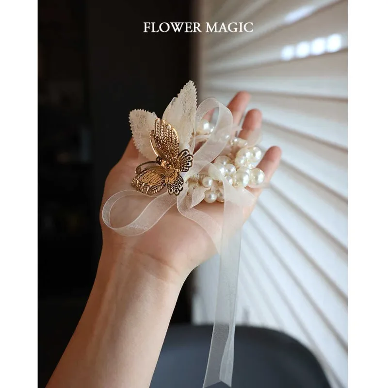 White fairy lace butterfly yarn pearl bracelet bride bridesmaid sisters unity wedding wrist flower