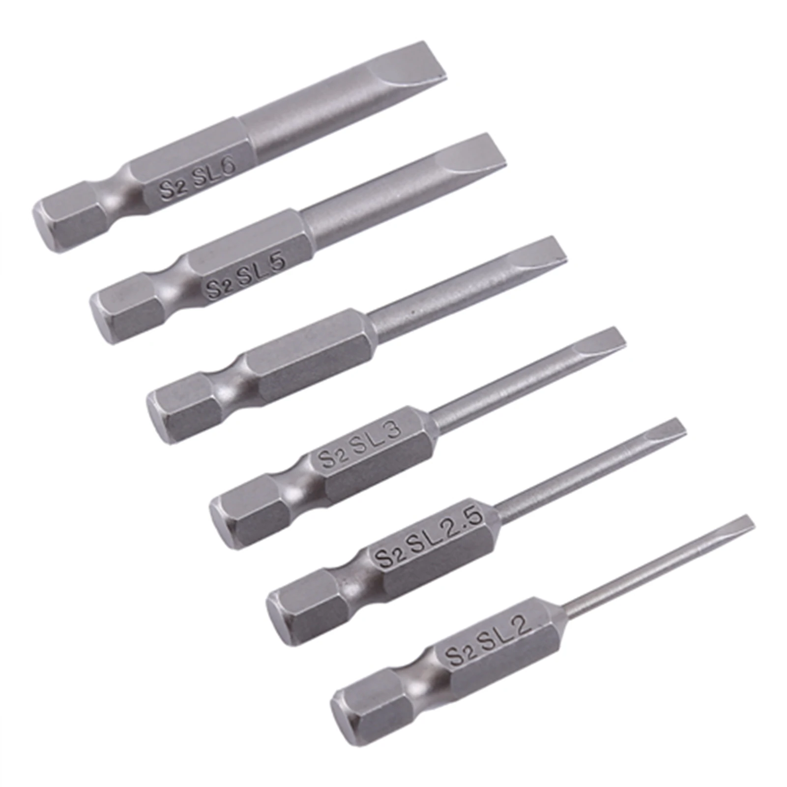 6pcs 50mm 2.0-6.0mm 0.25" Hex Shank S2 Alloy Flat Head Magnetic Tip Slotted Screwdriver Bits