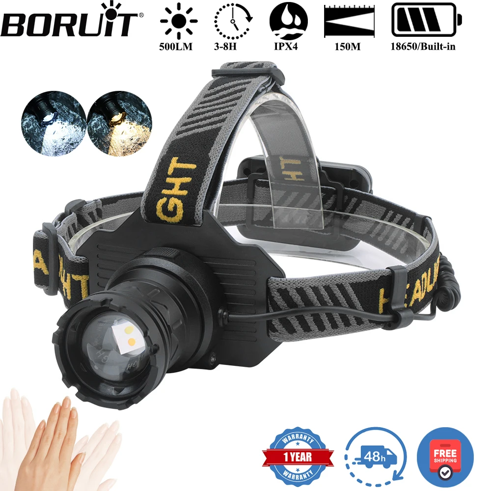 

BORUiT 500LM двойной светодиодный датчик движения с зумом, налобный фонарь Type-C, перезаряжаемый внешний аккумулятор, водонепроницаемый налобный фонарь для кемпинга