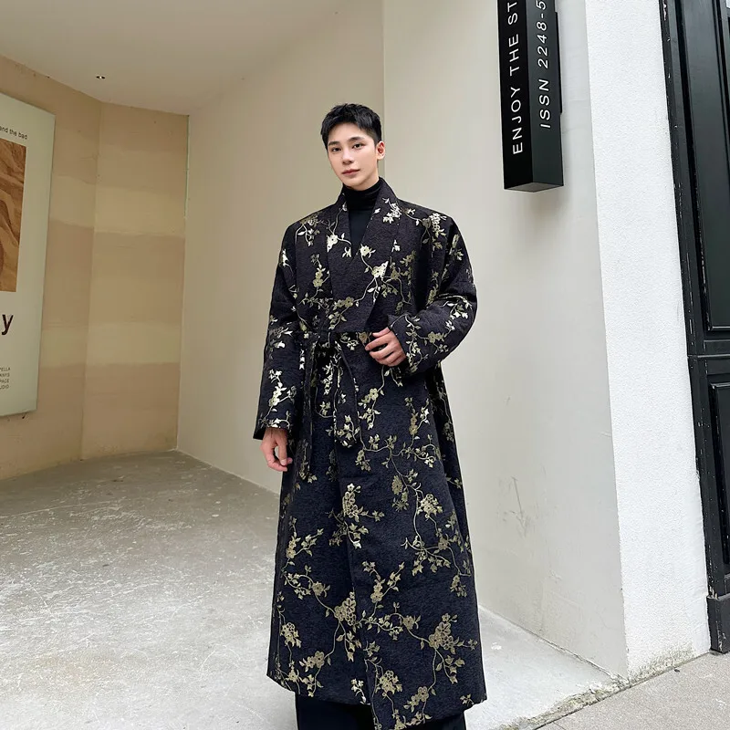 [OIMG] Medium To Long Lace Up Trench Coat With Chinese Floral Pattern, Long Silhouette Coat